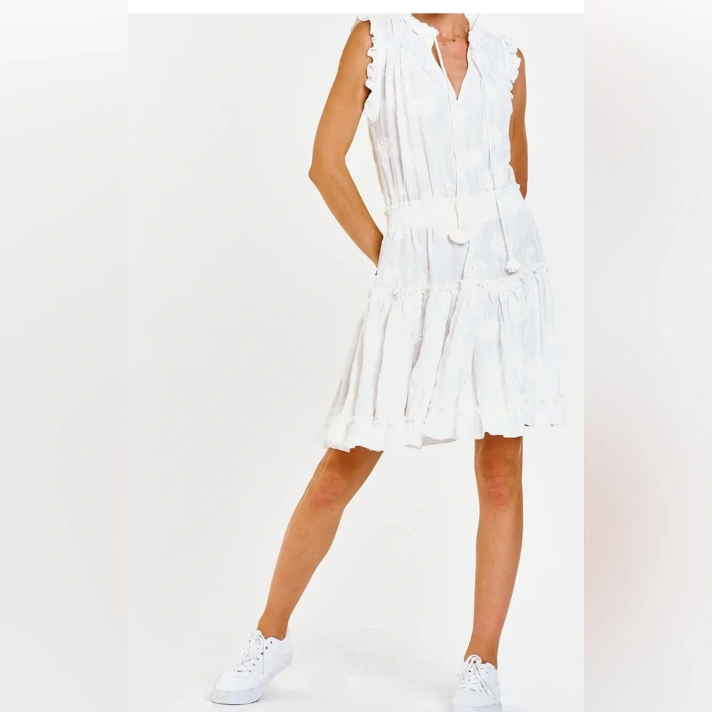 DEAR JOHN MELODIE TIERED RUFFLE DRESS PEARLED IVORY FLORAL EMBROIDEY  XS 1307 - Picture 2 of 14